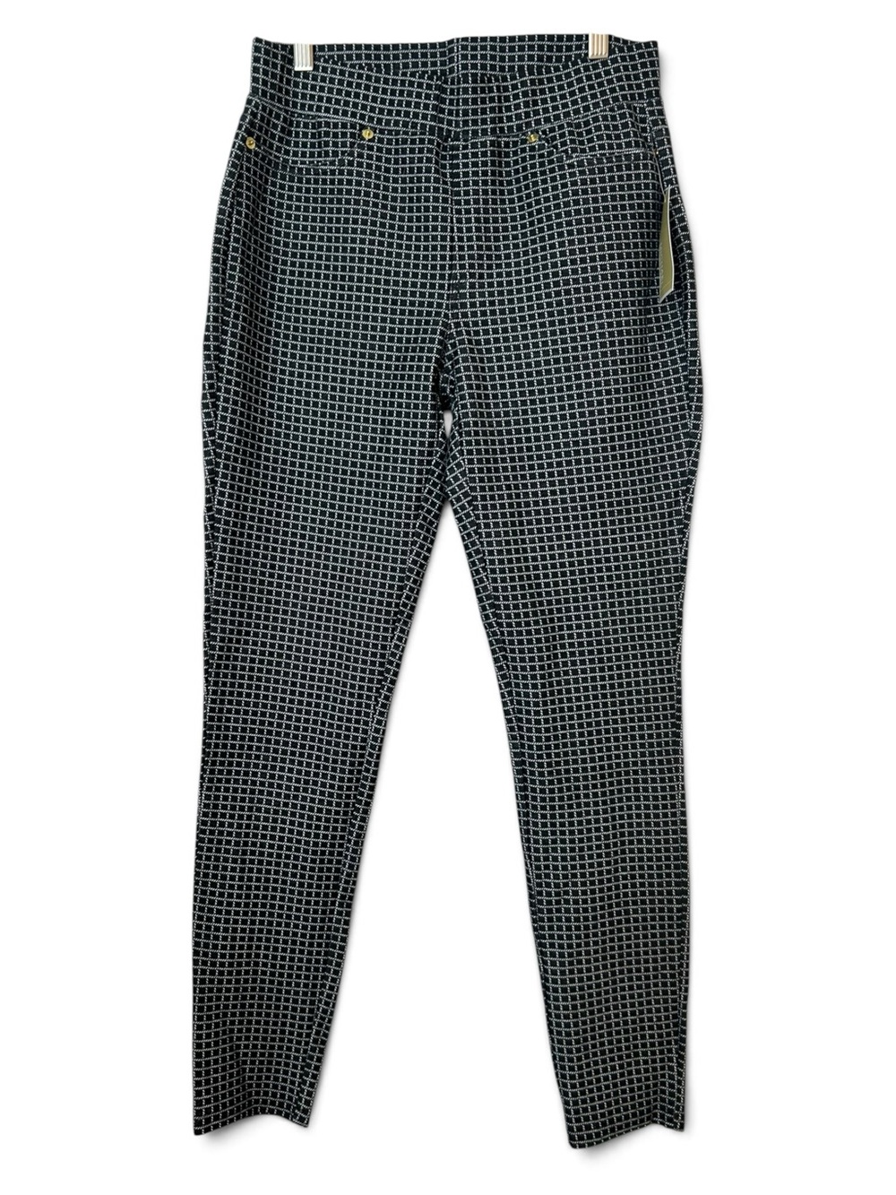 Michael Kors Black Grid-Pattern Stretch Pull-on Pants Skinny Leg Size M NWT